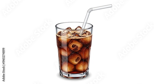 A refreshing glass of iced cola drink with a straw