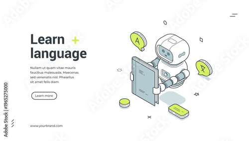 Learn language isometric banner. Vector illustration for a web landing page template. Robot for online education and foreign language studying. AI translation technology concept