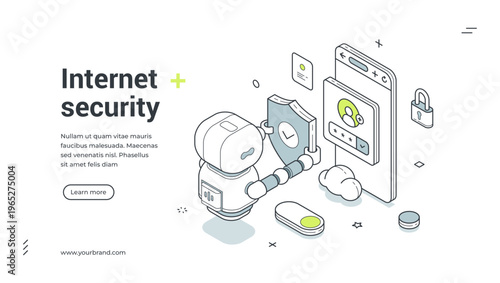 Internet security isometric banner. Vector illustration for a web landing page template. Robot for data protection and privacy. Cybersecurity technology concept for mobile authentication