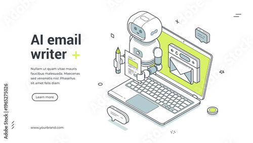 AI email writer isometric banner. Vector illustration for a web landing page template. Robot for automatic copywriting and marketing. Business communication technology for content creation