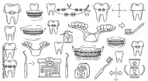 Detailed tooth braces outline icon set with orthodontic treatment and dental care illustrations
