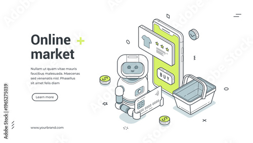 Online market isometric banner. Vector illustration for a web landing page template. Robot for e-commerce and mobile shopping. Digital payment technology concept for an online retail store