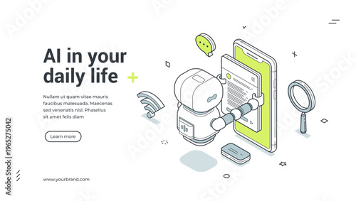 AI in your daily life isometric banner. Vector illustration for a web template. Robot with smartphone for search and communication. Modern technology for everyday tasks and virtual assistance