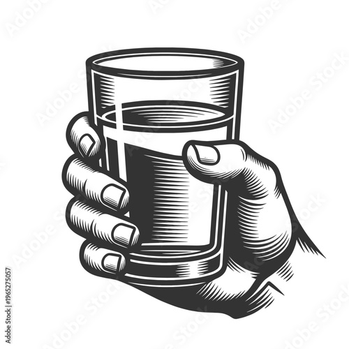 hand holding a glass of water, hydration, health, simplicity, and daily life essentials sketch engraving generative ai vector illustration. Scratch board imitation. Black and white image.