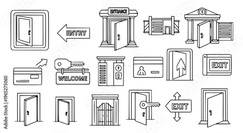 Detailed entrance outline icon set with door access navigation and entry illustrations