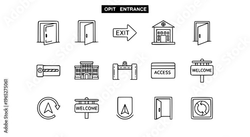 Modern entrance and access outline icons collection with door navigation and entry symbols