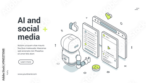 AI and social media isometric banner. Vector illustration for a web template. Robot managing content for marketing automation and online engagement. Modern technology concept for smm