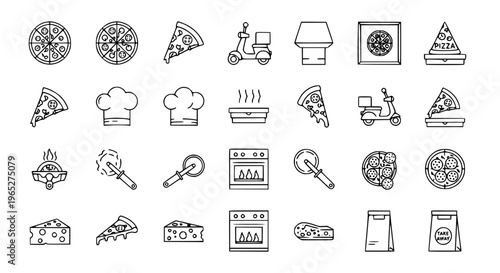 Minimal pizza outline icon set with slice, delivery, and fast food restaurant symbols