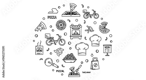 Modern pizza and fast food outline icons collection with delivery and restaurant symbols