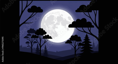 Silhouetted trees and clouds against a large, textured full moon