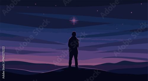 Silhouette of a person gazes at a bright star over a vast landscape