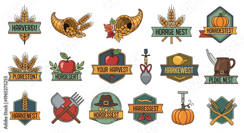 Collection of Harvest and Thanksgiving Themed Emblems and Icons.