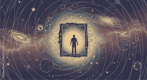 Silhouette of a person in a glowing frame against a swirling, star-filled galaxy