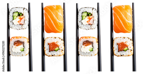 Colorful Arranged Sushi Rolls with Chopsticks on a Dark Background