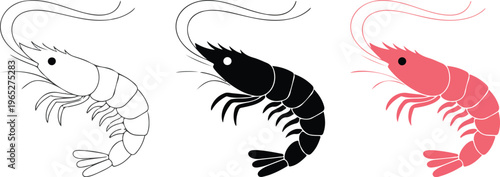 Set of minimalist shrimp prawn icons in outline silhouette and colorful pink flat vector seafood and cuisine styles.