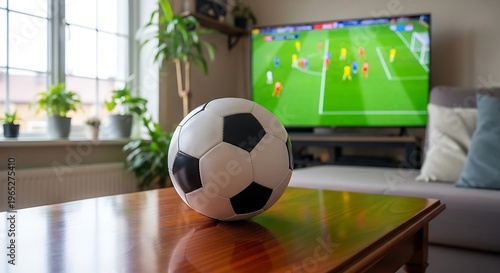 Soccer ball on a coffee table in a living room with a tv showing a soccer game