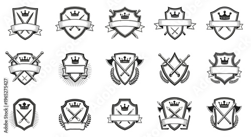 Collection of Shield Emblems with Crowns and Crossed Weapons.