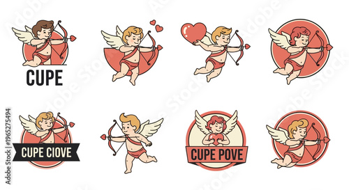 Collection of eight charming cupid illustrations with text elements.