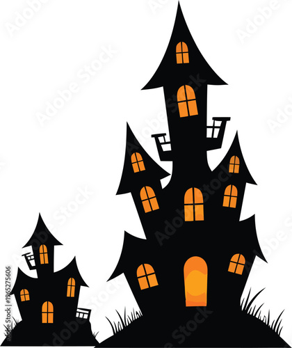 Spooky halloween haunted houses with glowing windows on a dark hill