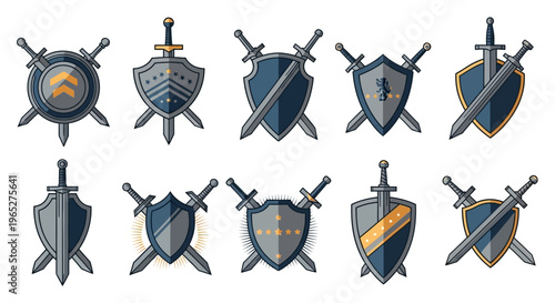 Collection of Medieval Shields and Swords Icons Set.