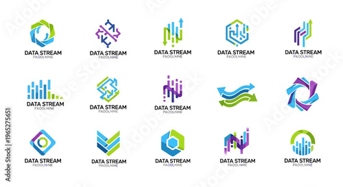 Collection of abstract data stream logos with digital and technological themes.