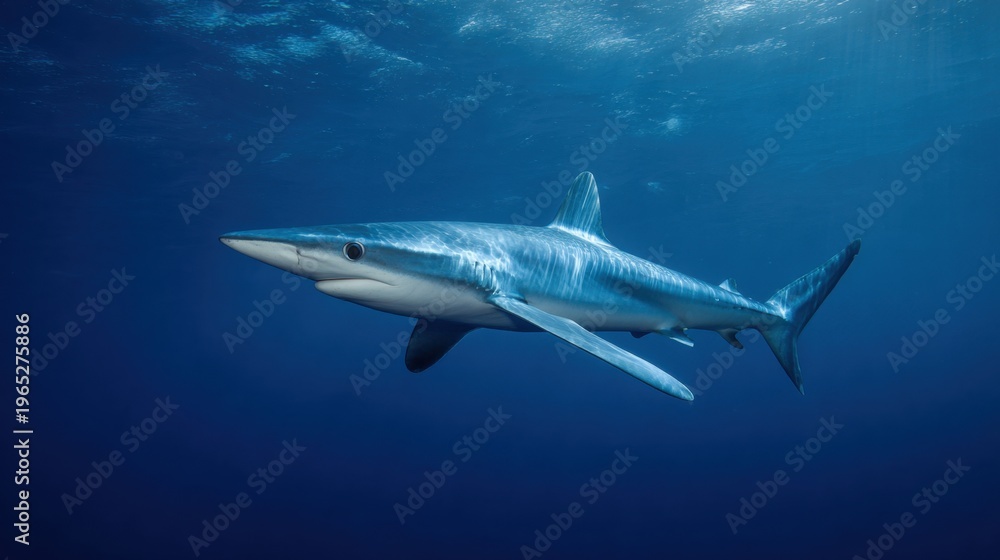 Naklejka premium Blue shark swimming mid depth beneath rippled sunlit surface