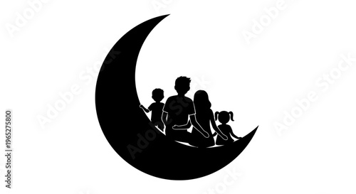 Eid ul Adha Family Silhouette, Moon Icon, Black Vector Graphic, Family Crest, Lunar Symbol isolated on White Background vector