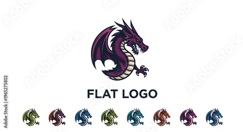 Majestic Purple Dragon Flat Logo Design.