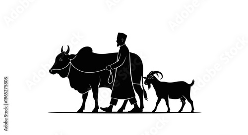 Eid ul Adha eid Black silhouette, rural scene, cow and goat herding, farm animals, pastoral landscape isolated on White Background vector