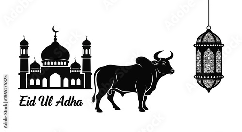 Eid ul Adha eid Eid Ul Adha, Islamic holiday, black vector icons, mosque, bull, lantern isolated on White Background vector