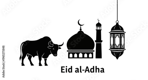 Eid ul Adha eid Eid al-Adha, Islamic Celebration, Sacrifice Festival, Bull, Mosque, Lantern Vector Icons isolated on White Background vector