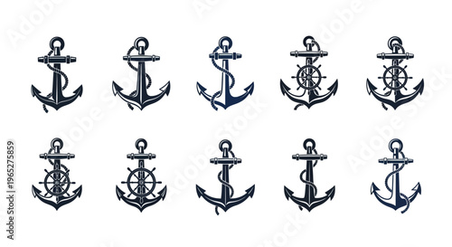 Collection of Nautical Anchors and Ship Wheels Icons.