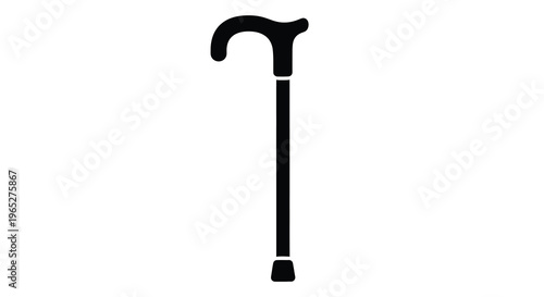 Simple black silhouette of a walking cane on a white background