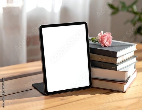 A digital tablet displays a blank white screen, standing upright on a wooden table beside a stack of books and a pink flower