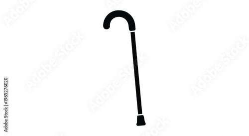 A simple black silhouette of a curved walking cane on a white background
