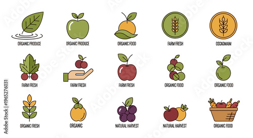Collection of organic and farm fresh fruit and vegetable icons.