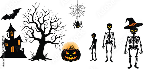 Halloween spooky night scene with skeletons bats spider jack o lantern and haunted house