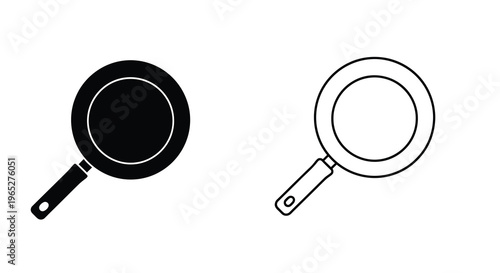 Simple black and white illustration of a frying pan and magnifying glass