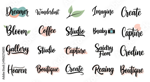 Collection of elegant handwritten calligraphy logos and typography for branding.