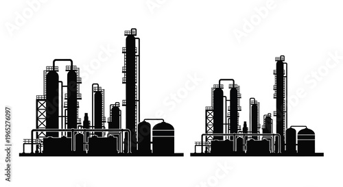 Black and white illustration of an industrial oil refinery complex