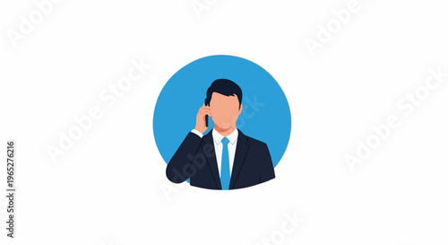 Professional man in suit talking on phone inside blue circle