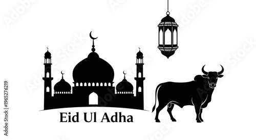 Eid ul Adha eid Eid Ul Adha, Islamic holiday, black silhouette, mosque, bull, lantern, festival, celebration isolated on White Background vector