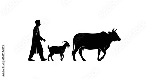 Eid ul Adha eid Farm animal silhouettes, goat and cow, farmer illustration, black icons, agriculture symbols isolated on White Background vector