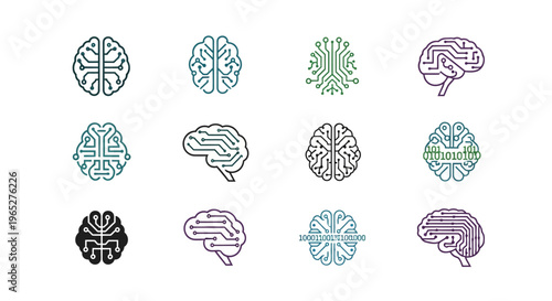 Collection of stylized brain icons representing artificial intelligence and technology.