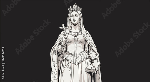 Regal figure in ornate robes holds cross and book against dark backdrop