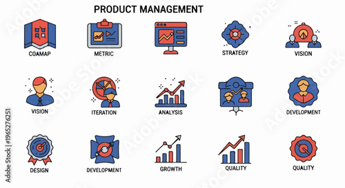 Product management icons showing analysis, growth, vision, and strategy