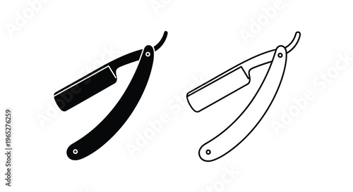Two depictions of a traditional straight razor one solid one outlined