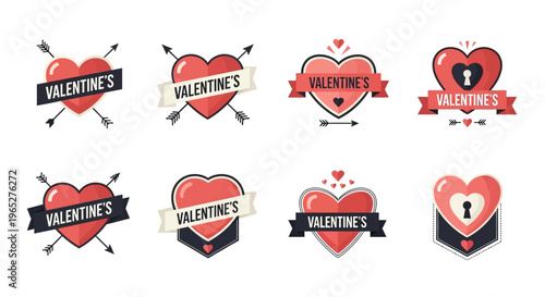 Collection of Valentines Day Heart Badges and Emblems.