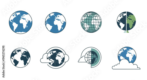 Collection of Earth globes in various styles and representations.
