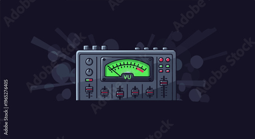 Retro audio VU meter with glowing effect and controls on dark background